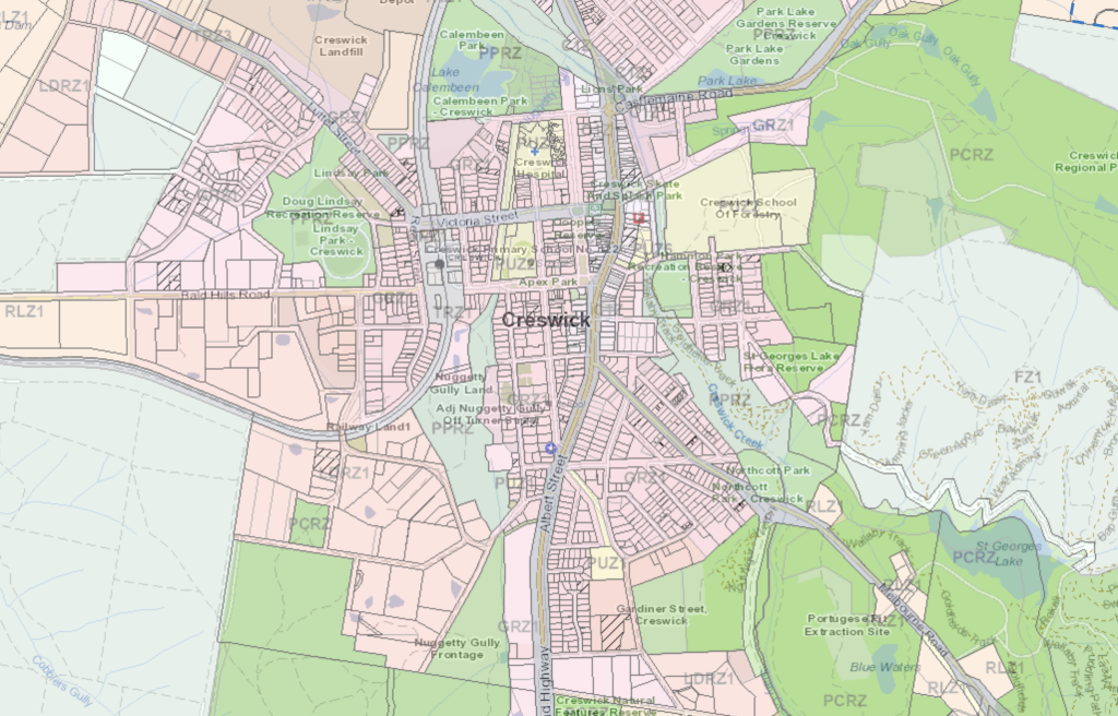 Map screenshot from VicPlan showing planning zones for Creswick.