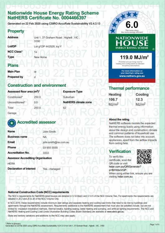 A NatHERS energy rating certificate document.